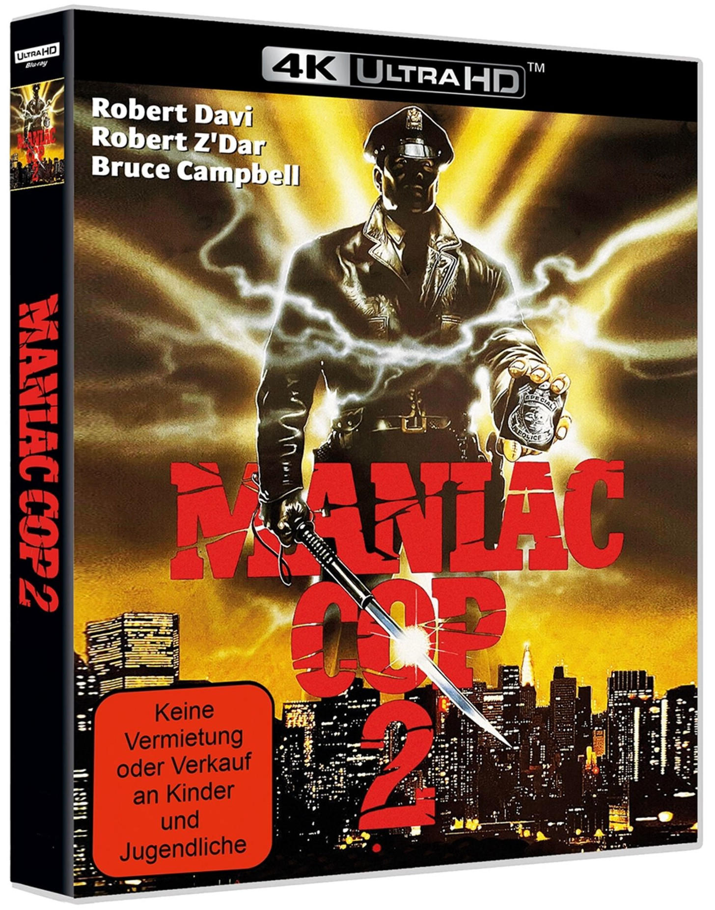 DVD-Cover von „Maniac Cop 2“. Zeigt einen Polizisten mit einem Schlagstock. Text auf Deutsch.