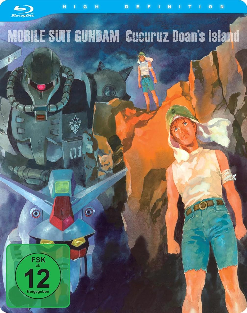 Anime Blu-ray Cover. Roboter und Charaktere auf felsiger Insel. Text auf Japanisch und Deutsch.
