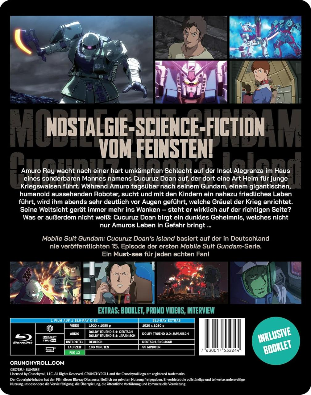 Rückseite einer Mobile Suit Gundam Blu-ray Box mit Text und Bildern. Japanischer Text vorhanden.
