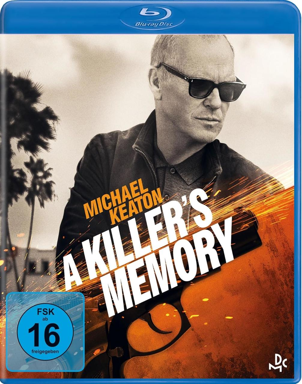 Blu-ray-Filmcover mit Michael Keaton, Titel 'A Killer's Memory' und einer Pistole.