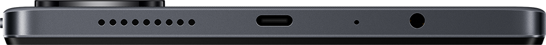 Sötétszürke telefon alsó része hangszóró lyukakkal, USB-C porttal és mikrofonnal.