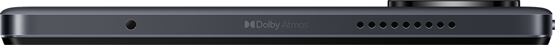 Egy sötétszürke eszköz alsó széle hangszórólyukakkal és Dolby Atmos felirattal.
