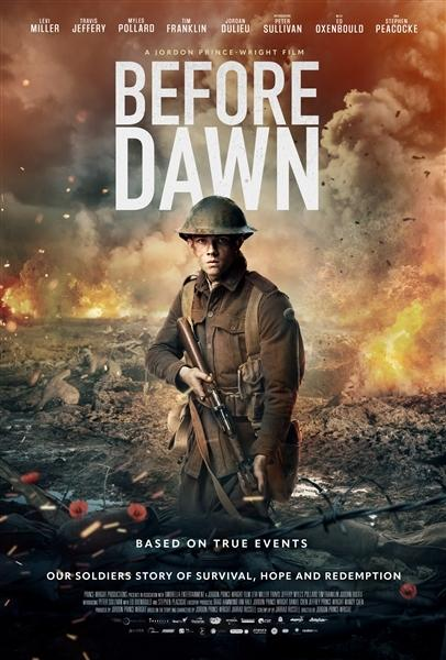 Affiche de film : soldat dans une tranchée, explosions. Titre : Before Dawn. Scène dramatique.