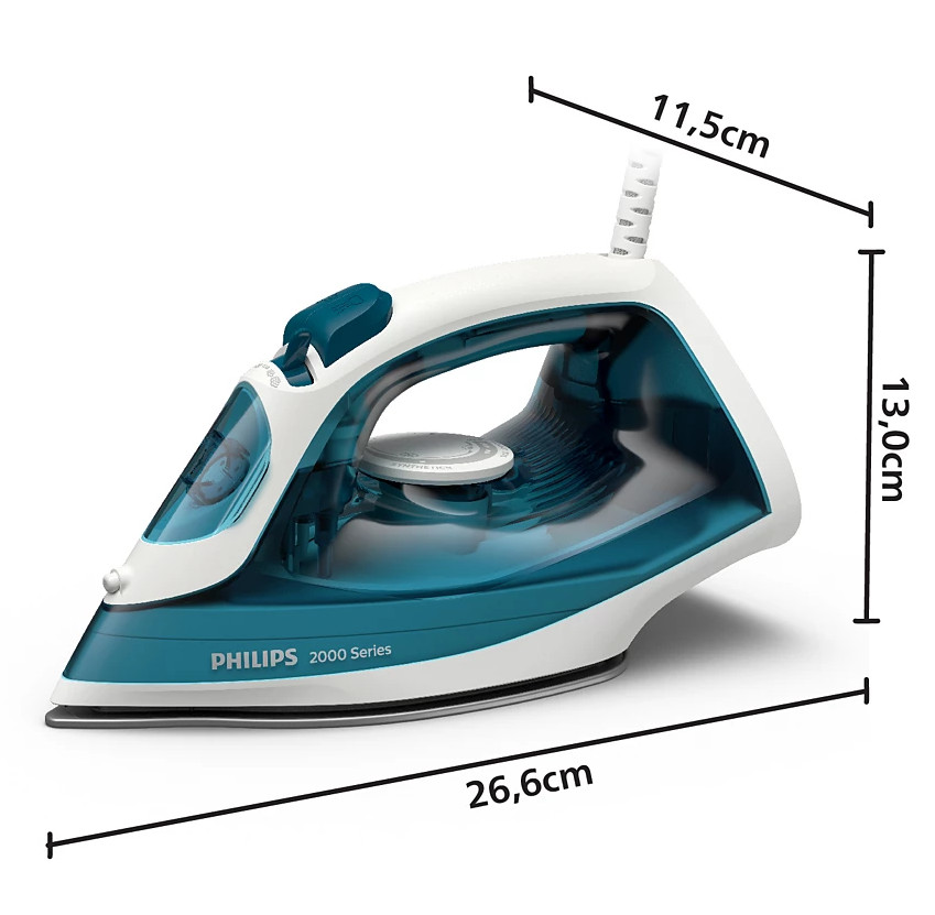 Białe i morskie żelazko z zaznaczonymi wymiarami. Tekst Philips 2000 Series.