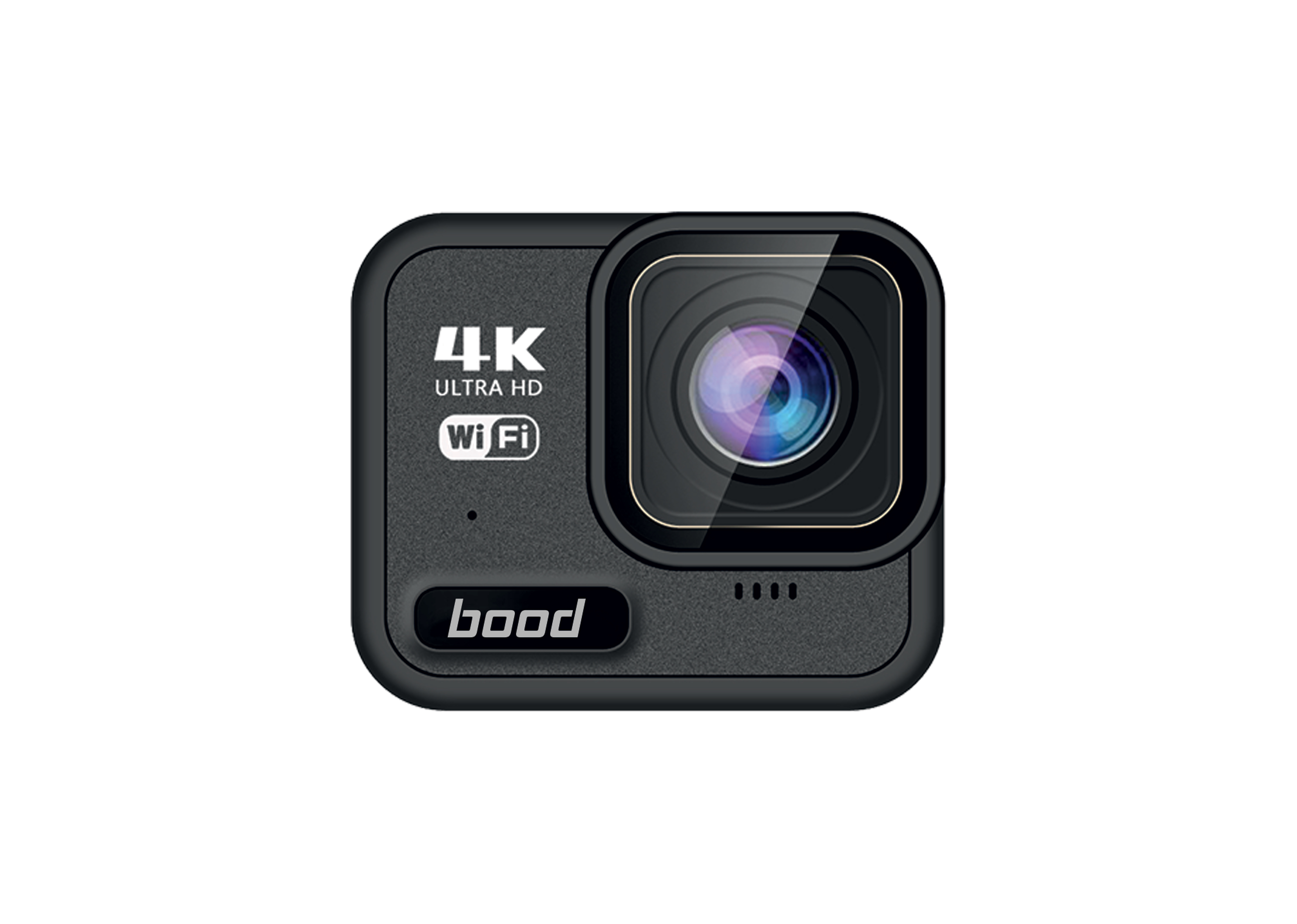 Siyah aksiyon kamerası. '4K Ultra HD Wifi' metni ve bir lensi var. 'bood' marka adı görünür.