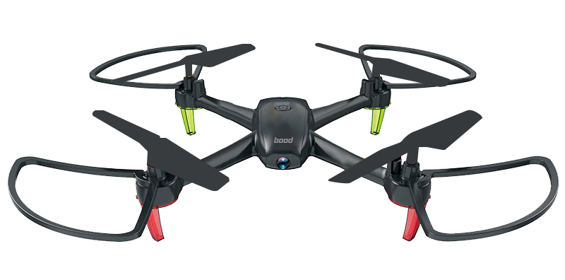 Dört pervaneli, kamerası ve koruma çerçevesi olan siyah drone.