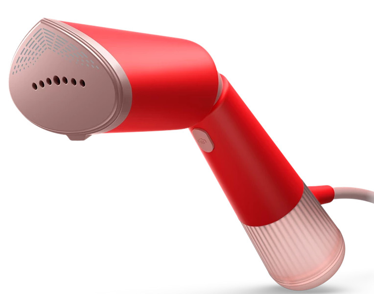 Czerwony i różowy parownik ręczny. Parownik ma czerwony korpus i różowe detale.