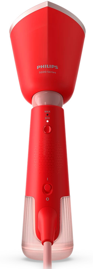 Czerwony steamer Philips serii 5000 z różową podstawą i uchwytem.