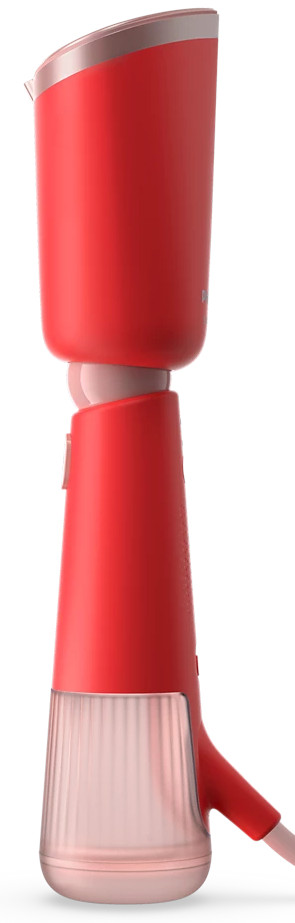 Czerwono-różowy ekspres do kawy z przezroczystą podstawą, białe tło.