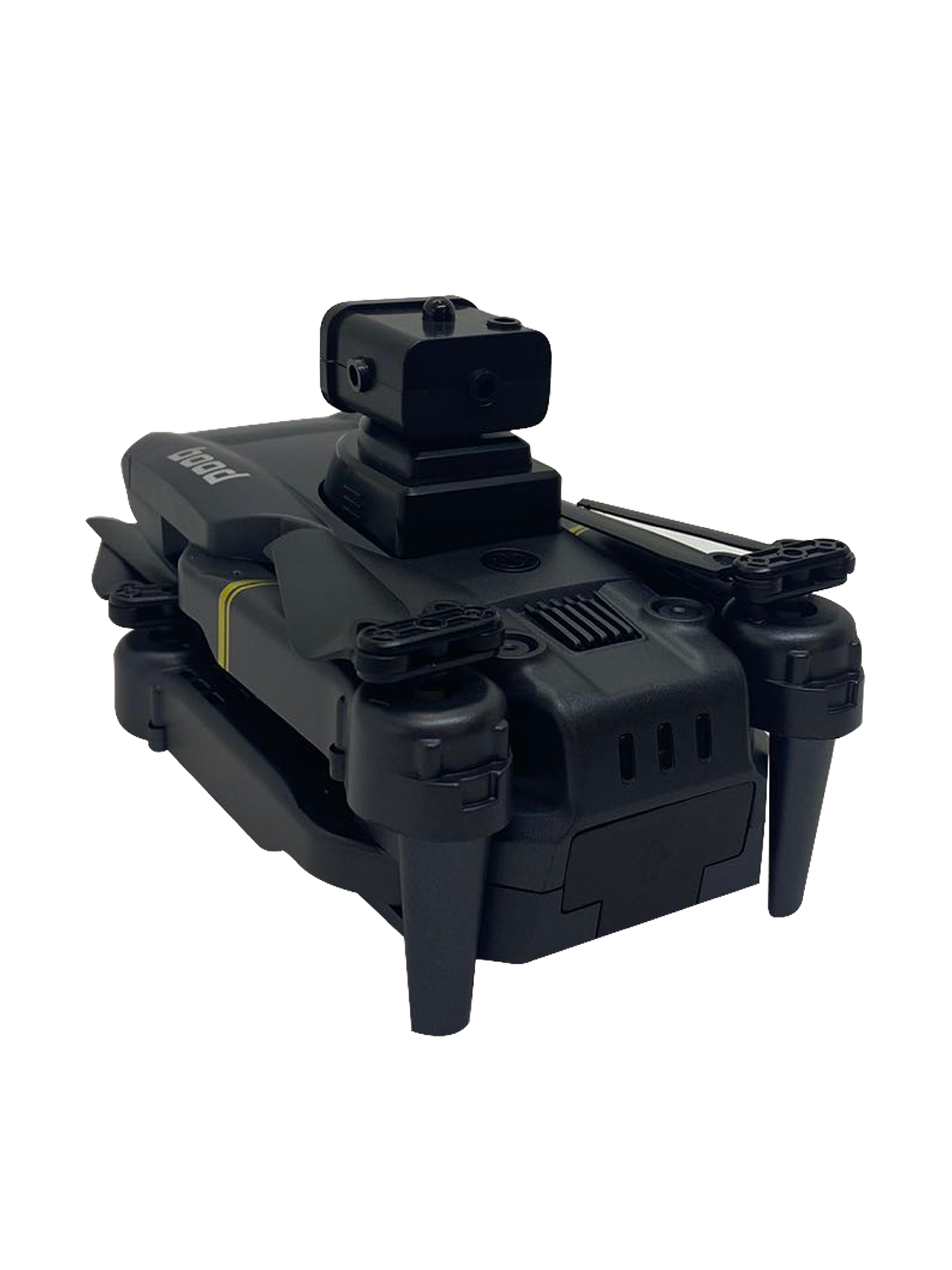 Üstünde kamerası olan siyah drone. Dört bacağı ve siyah bir gövdesi var. Beyaz zemin.