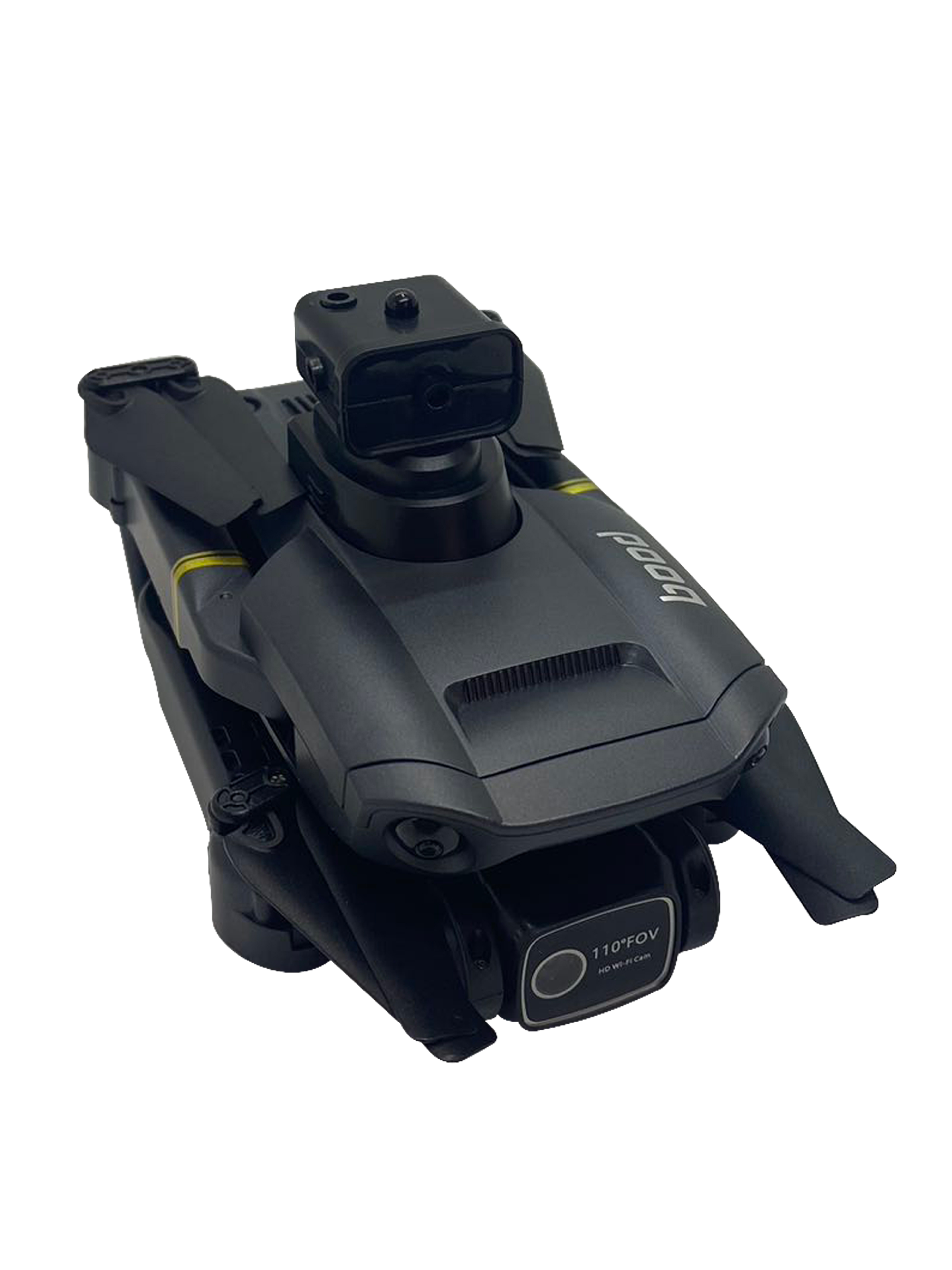 Üstünde bir kamerası olan siyah drone. Katlanmış kolları var.