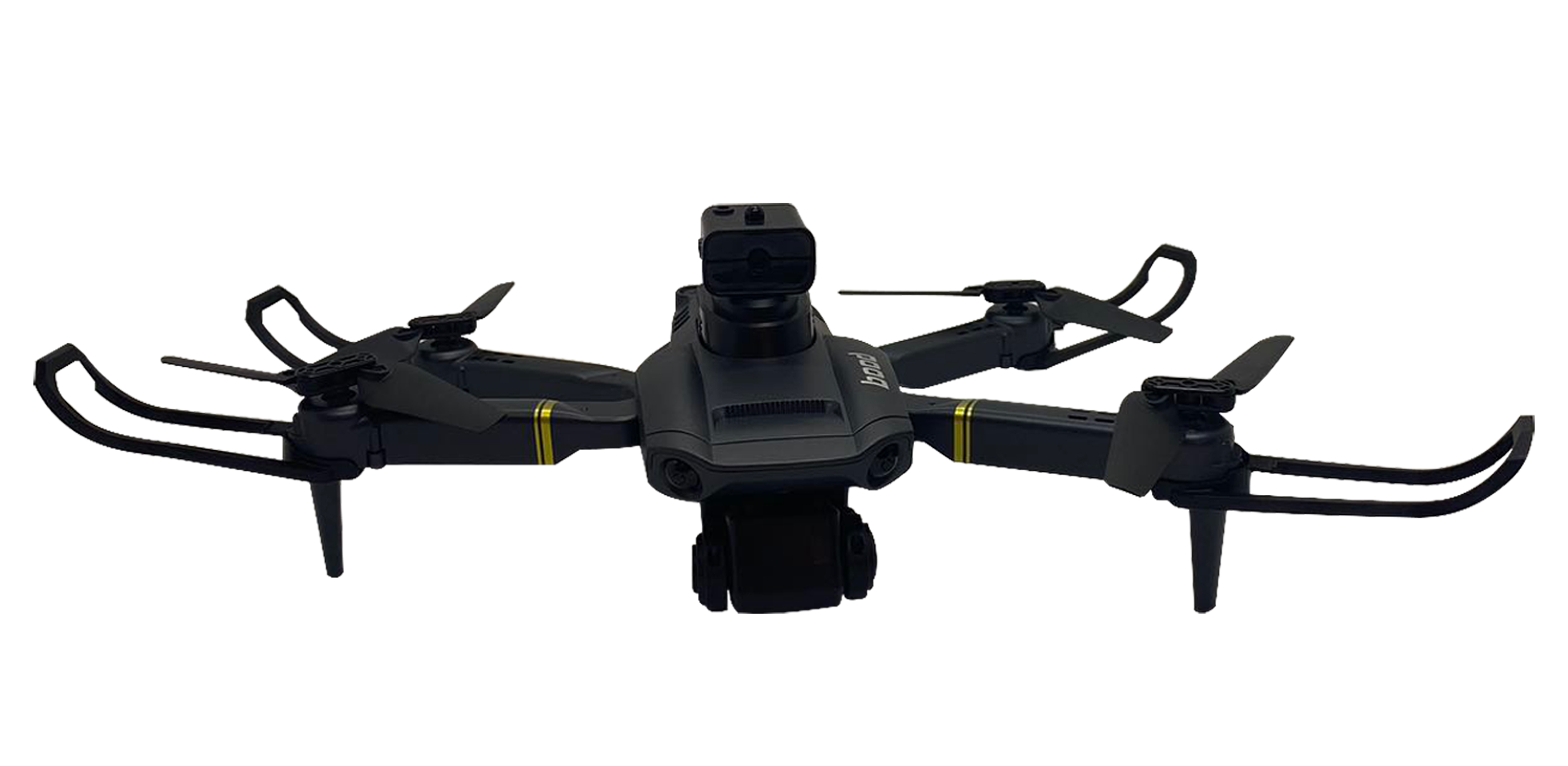 Pervaneli siyah bir drone. Drone'nun önünde bir kamerası var ve beyaz bir arka plan üzerinde.