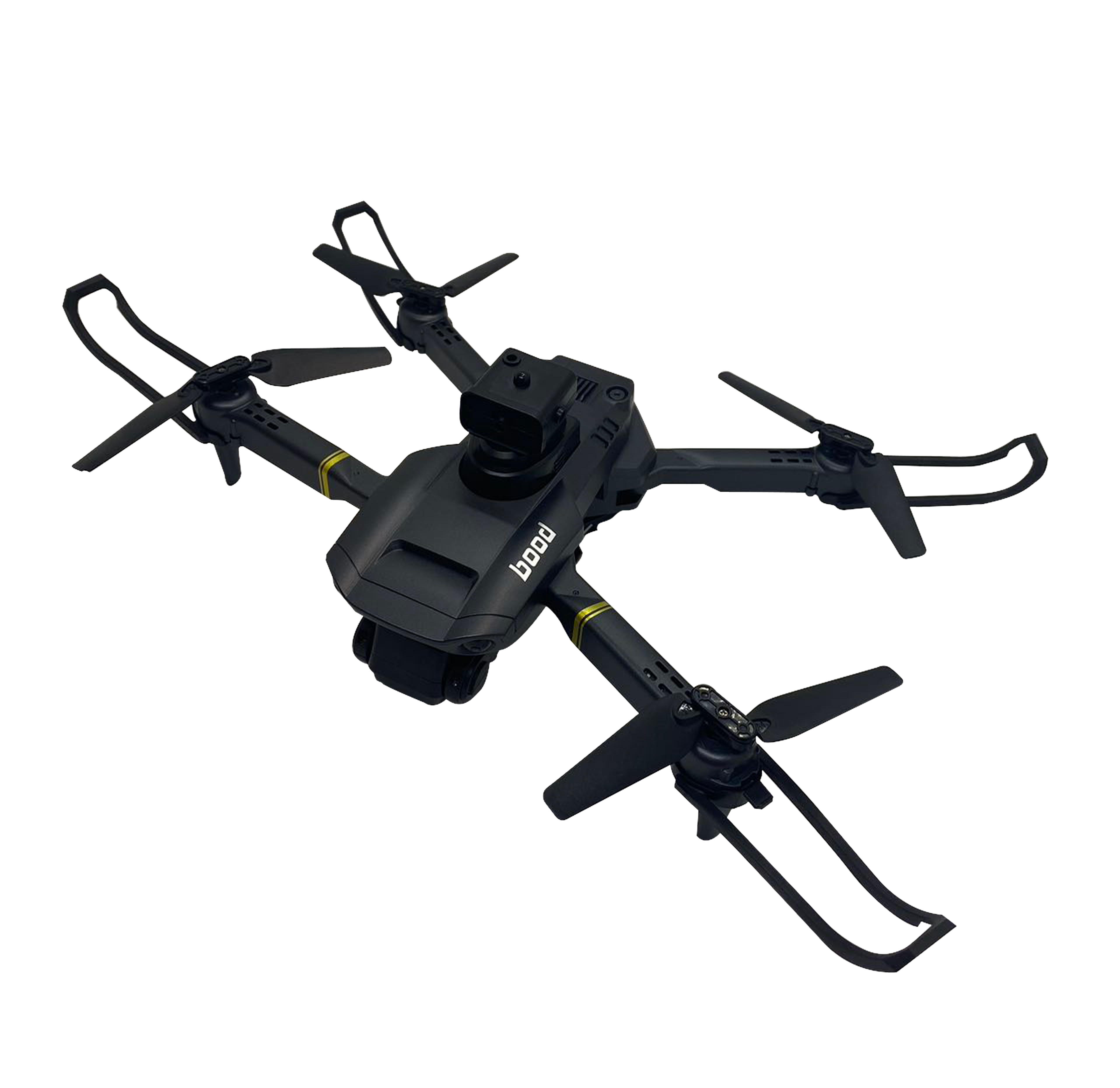 Pervaneler, kamera ve iniş takımları olan siyah bir drone.