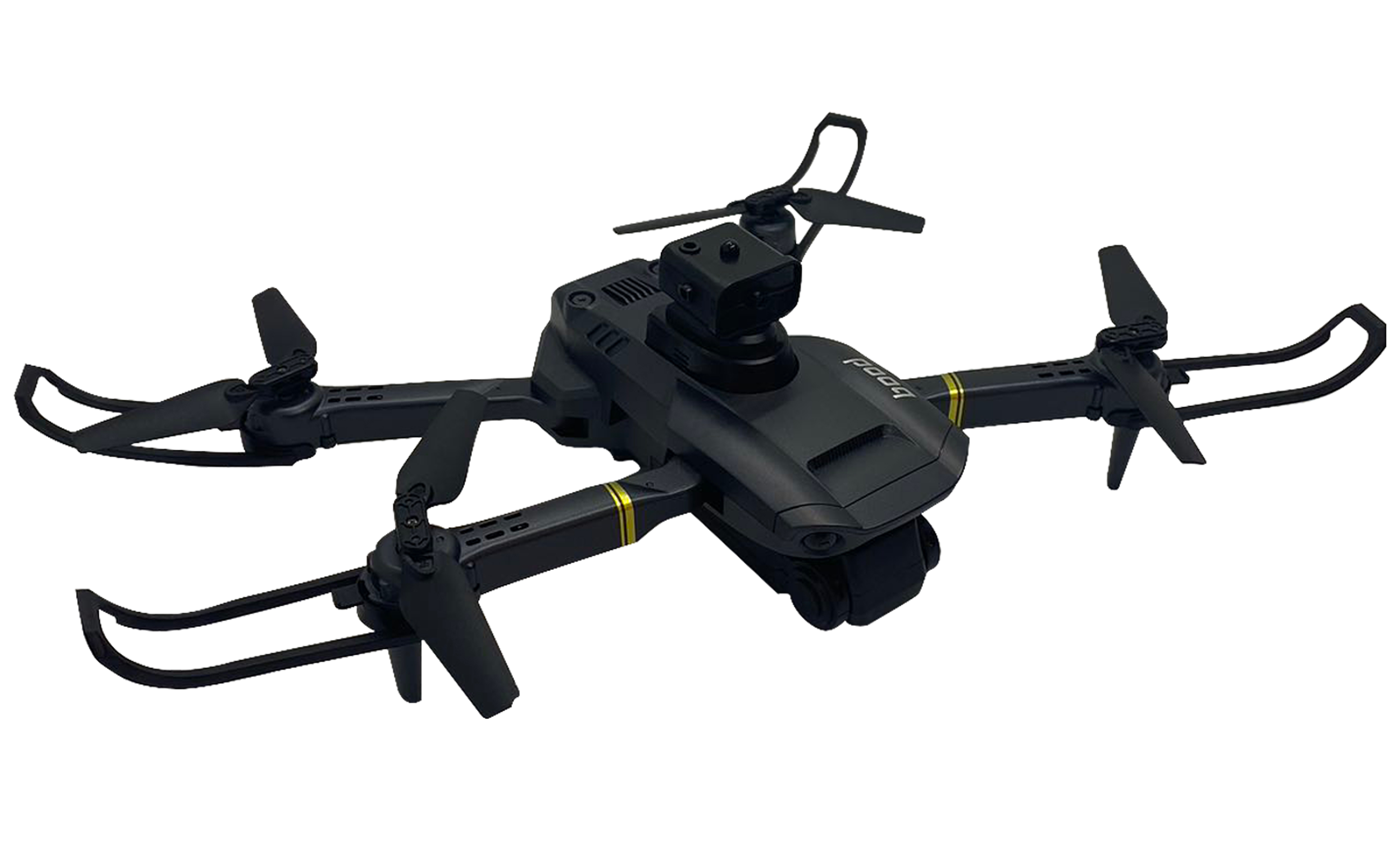 Dört pervaneli siyah drone. Metin: Kameralı drone, siyah ve altın rengi.