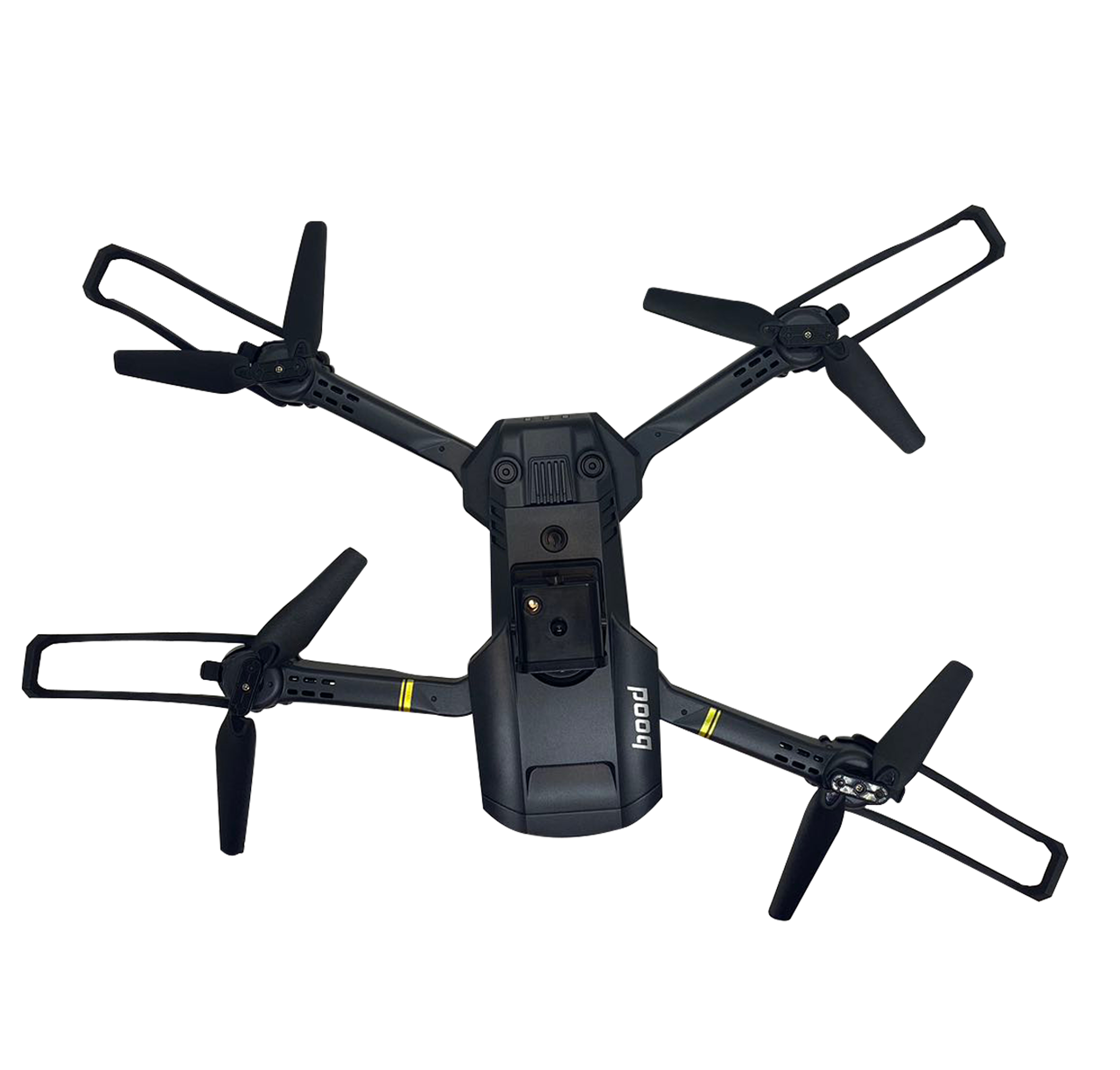 Dört pervaneli siyah drone, yukarıdan görünüm, beyaz arka plan.
