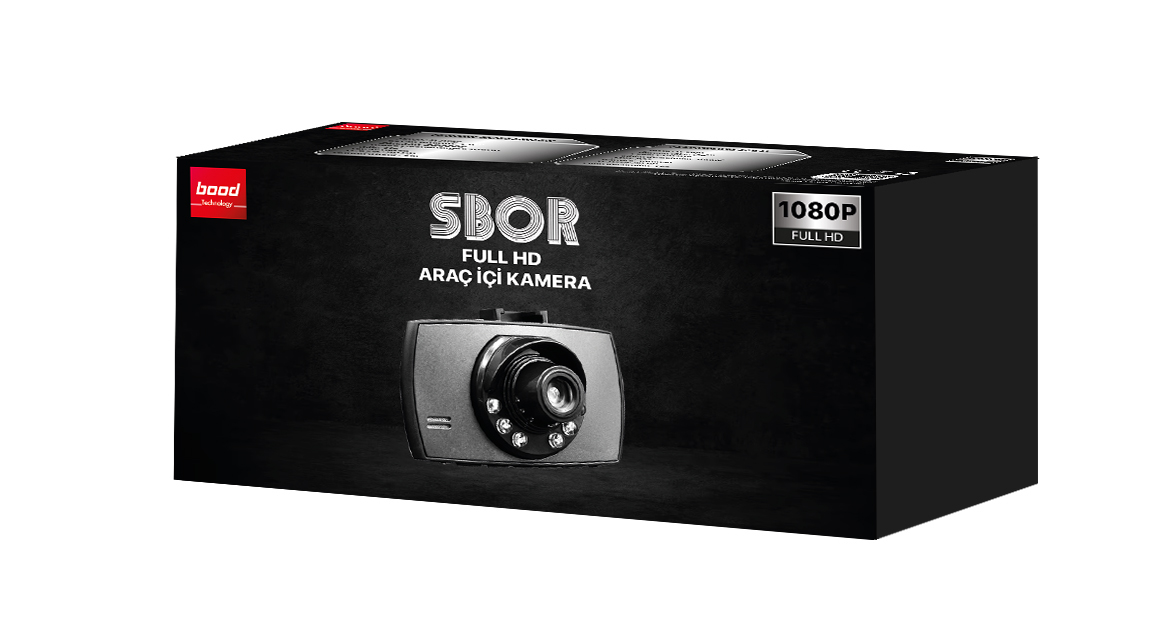 Üzerinde bir araç kamerası olan siyah kutu. Kutuda Sbor ve 1080P Full HD yazıyor.