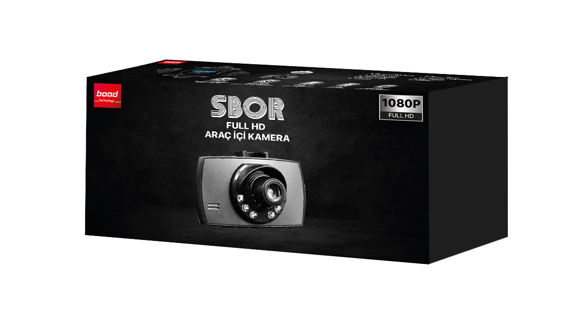 Siyah kutu, araç kamerası, SBOR markası ve 'Full HD' beyaz renkli yazısı.