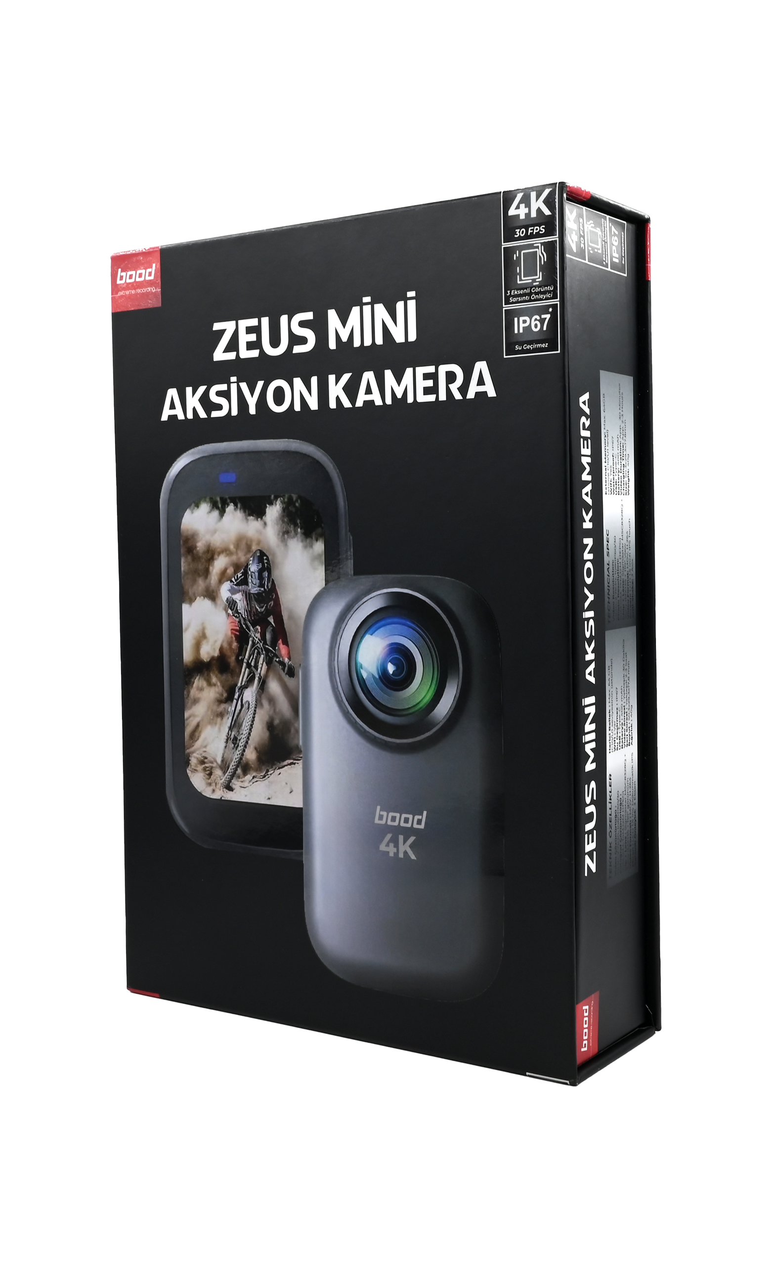 Kamera görüntüsü ve metin içeren aksiyon kamerası kutusu. Kutu çoğunlukla siyahtır.