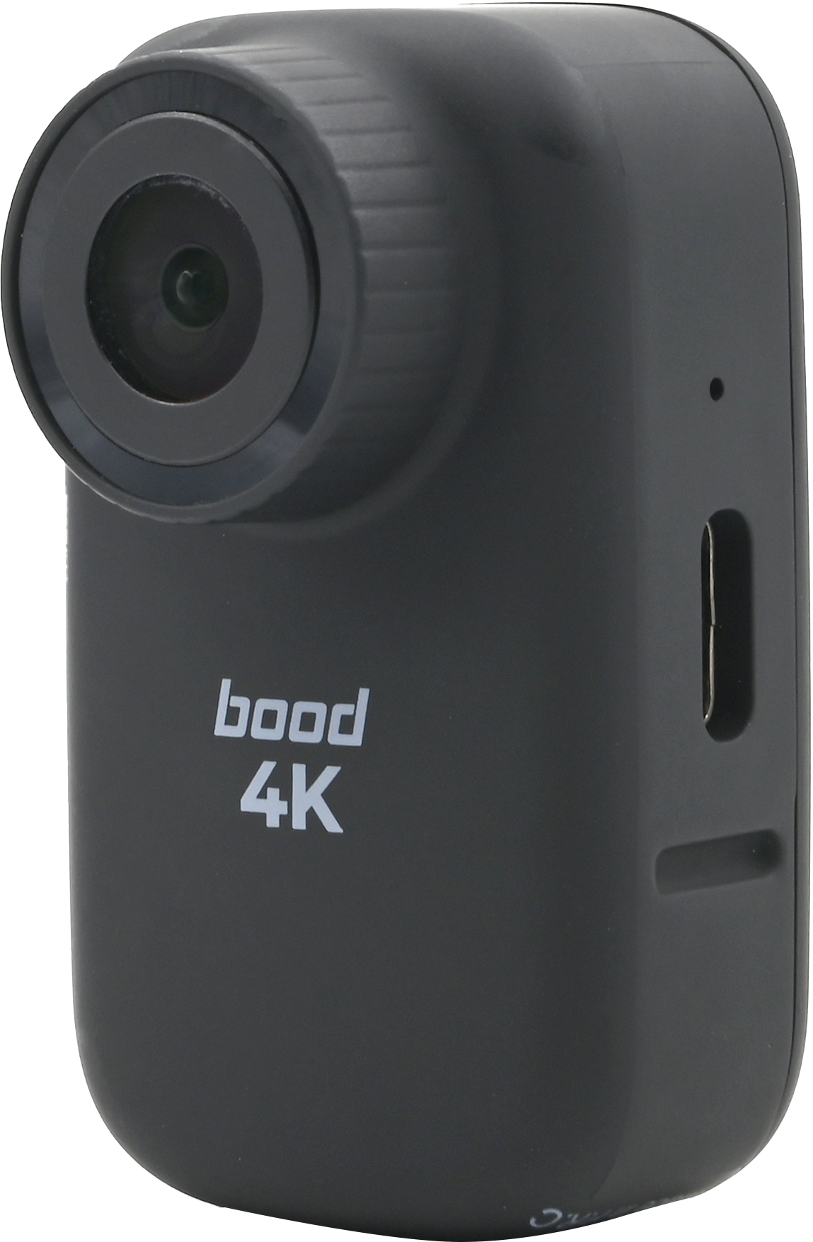 Bir lensi olan siyah aksiyon kamerası. Önünde 'bood 4K' yazıyor.