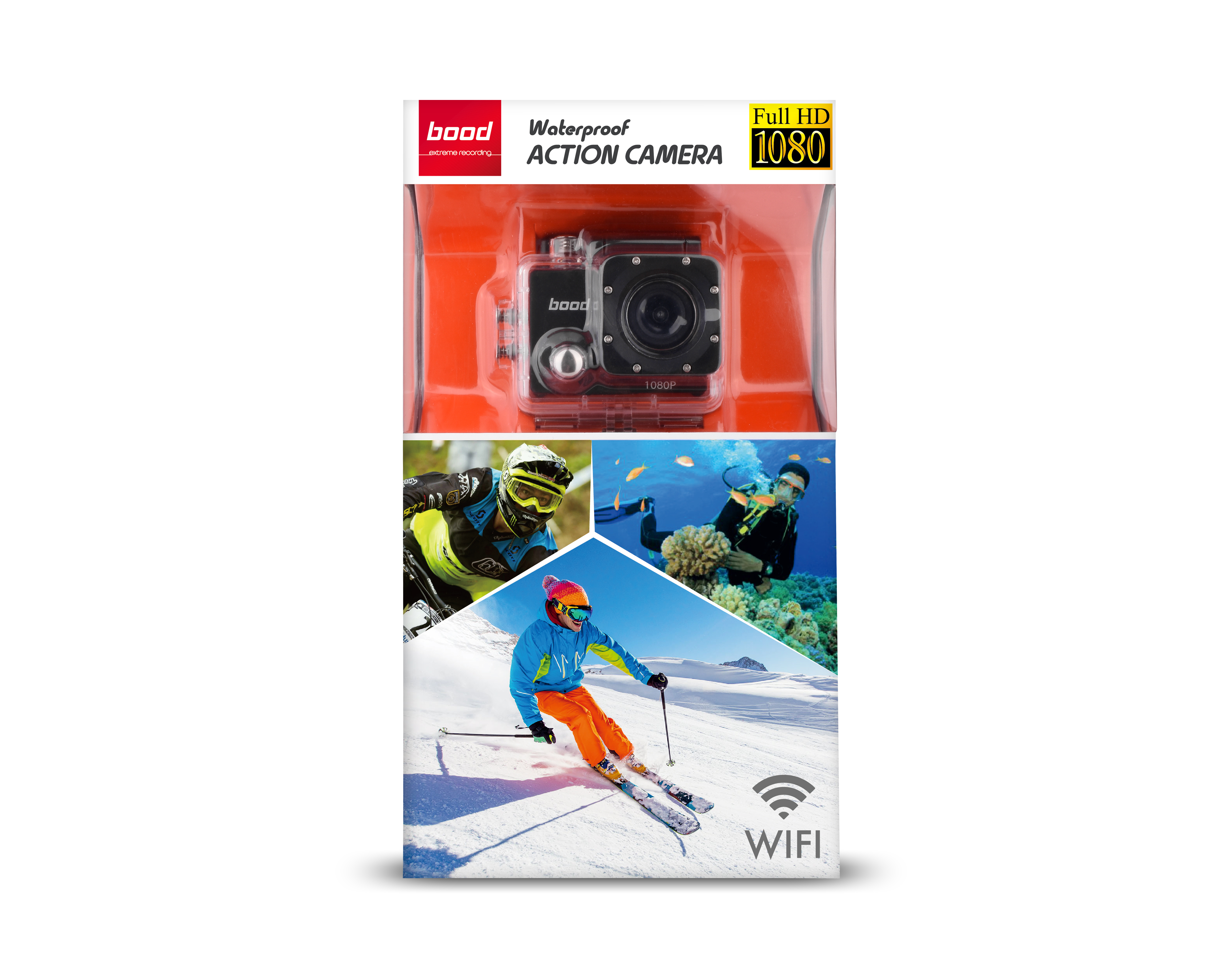 Kayak, dalış ve snowboard yapan insanların ve wifi logosunun görüntüleriyle paketlenmiş aksiyon kamerası.