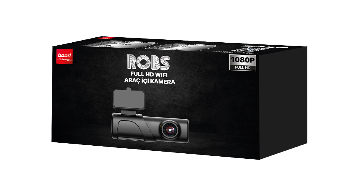 'ROBS' metni, kamera ve '1080P FULL HD' yazılı siyah bir kutu. Kutu beyaz bir arka planda.