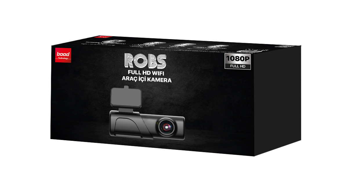 Araba kamerası olan siyah kutu. Metin: ROBS FULL HD WIFI ve 1080P FULL HD.