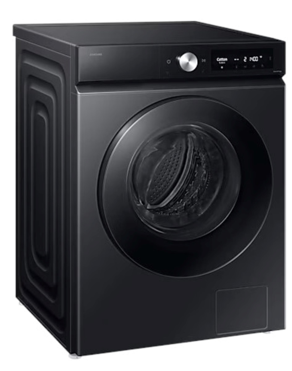 Czarna pralka na białym tle, z logo Samsung na górze.