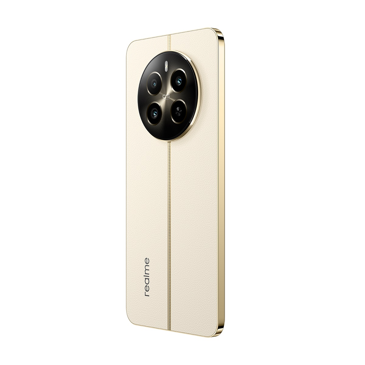 Kamera çıkıntılı altın renkli akıllı telefon. Realme logosu görünür.