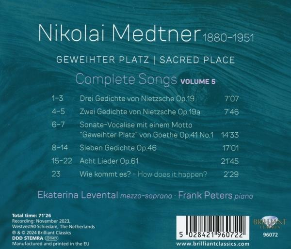 CD-Cover mit Text: Nikolai Medtner, Complete Songs, Volume 5, mit Titelliste und Interpretenangaben.