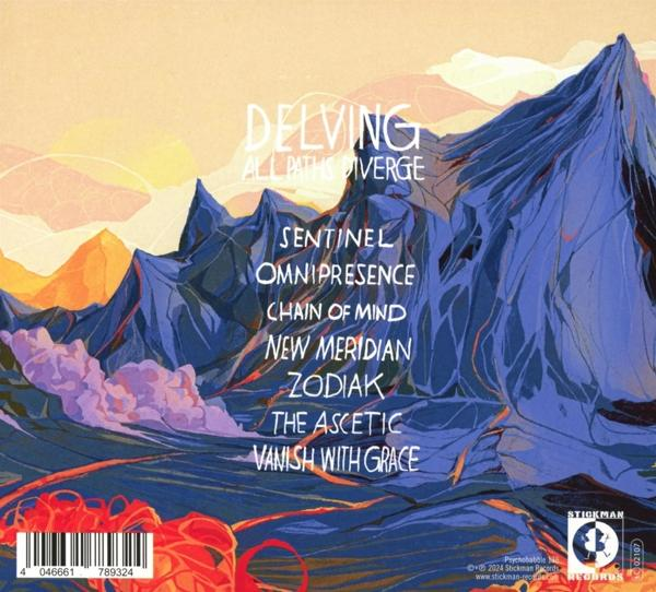 Albumcover mit Text: Delving - All Paths Diverge. Bergkunst, mit Text.