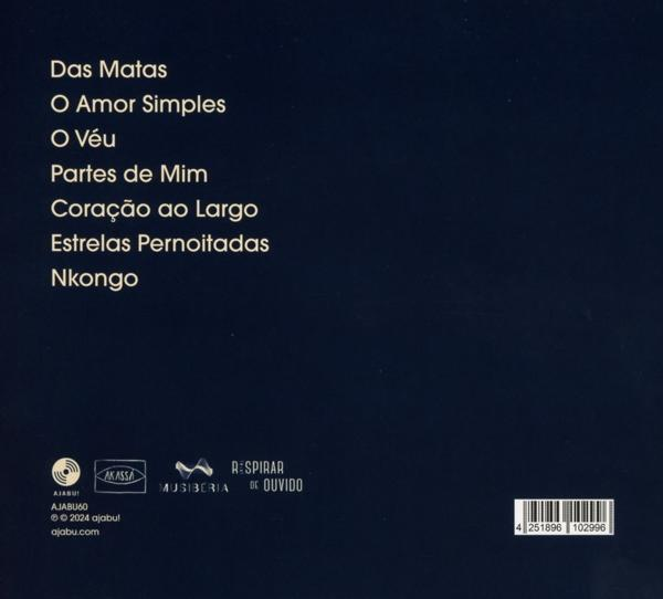 Album-Rückseite mit portugiesischen Songtiteln. Text in Weiß auf dunkelblauem Hintergrund.
