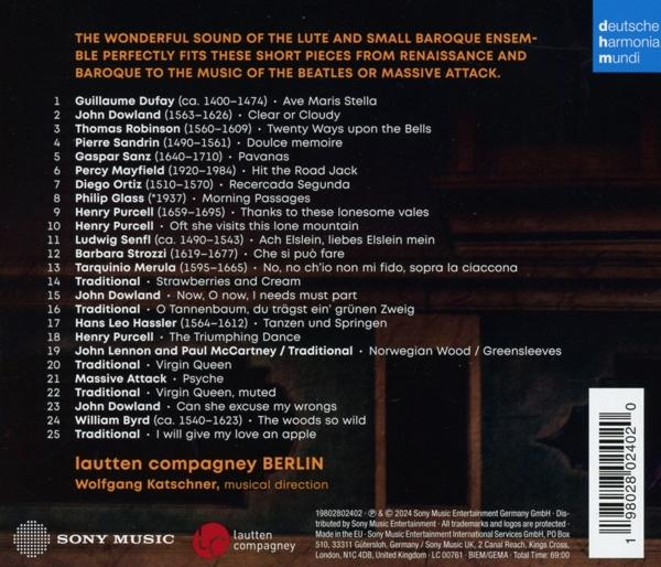 CD-Cover mit Text auf Deutsch und Englisch. Verschiedene Songtitel und Künstlernamen sind aufgeführt.