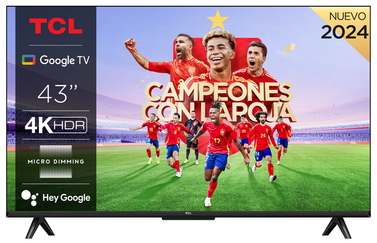 Pantalla TV TCL con futbolistas, texto 'Campeones con La Roja' y Google TV.