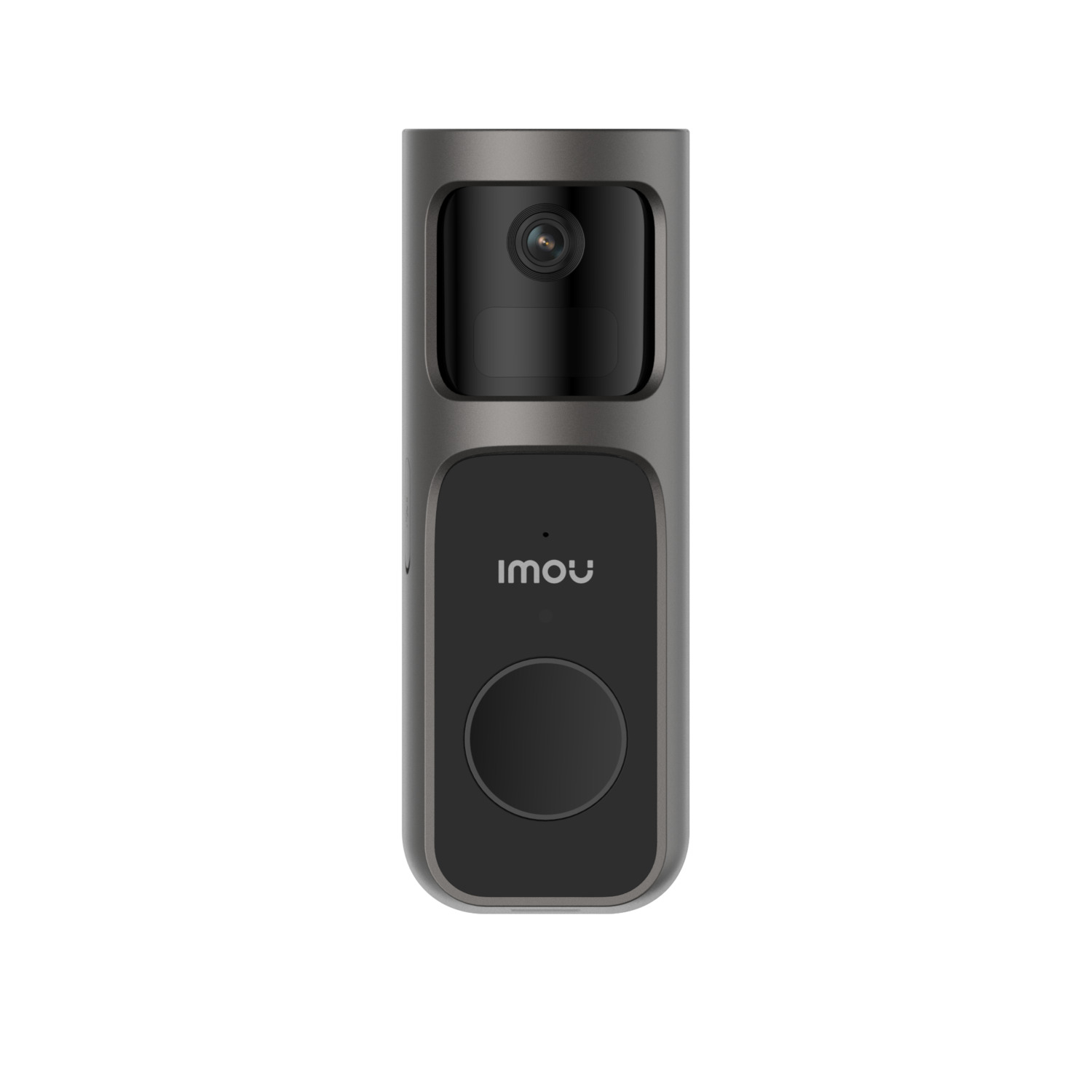 Donkergrijze slimme deurbel met een camera en het woord 'imou'.