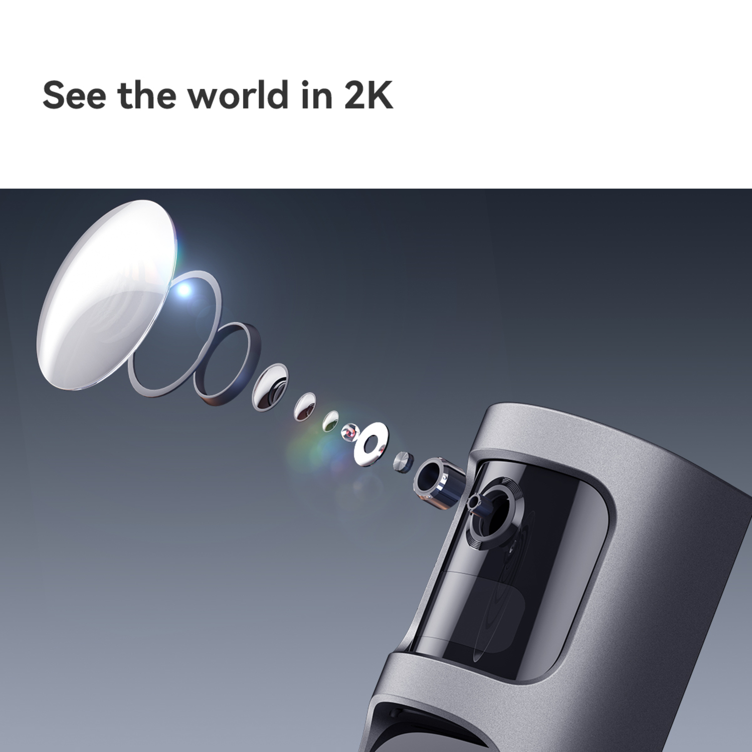 Camera lens componenten, gedemonteerd. De componenten zijn grijs.