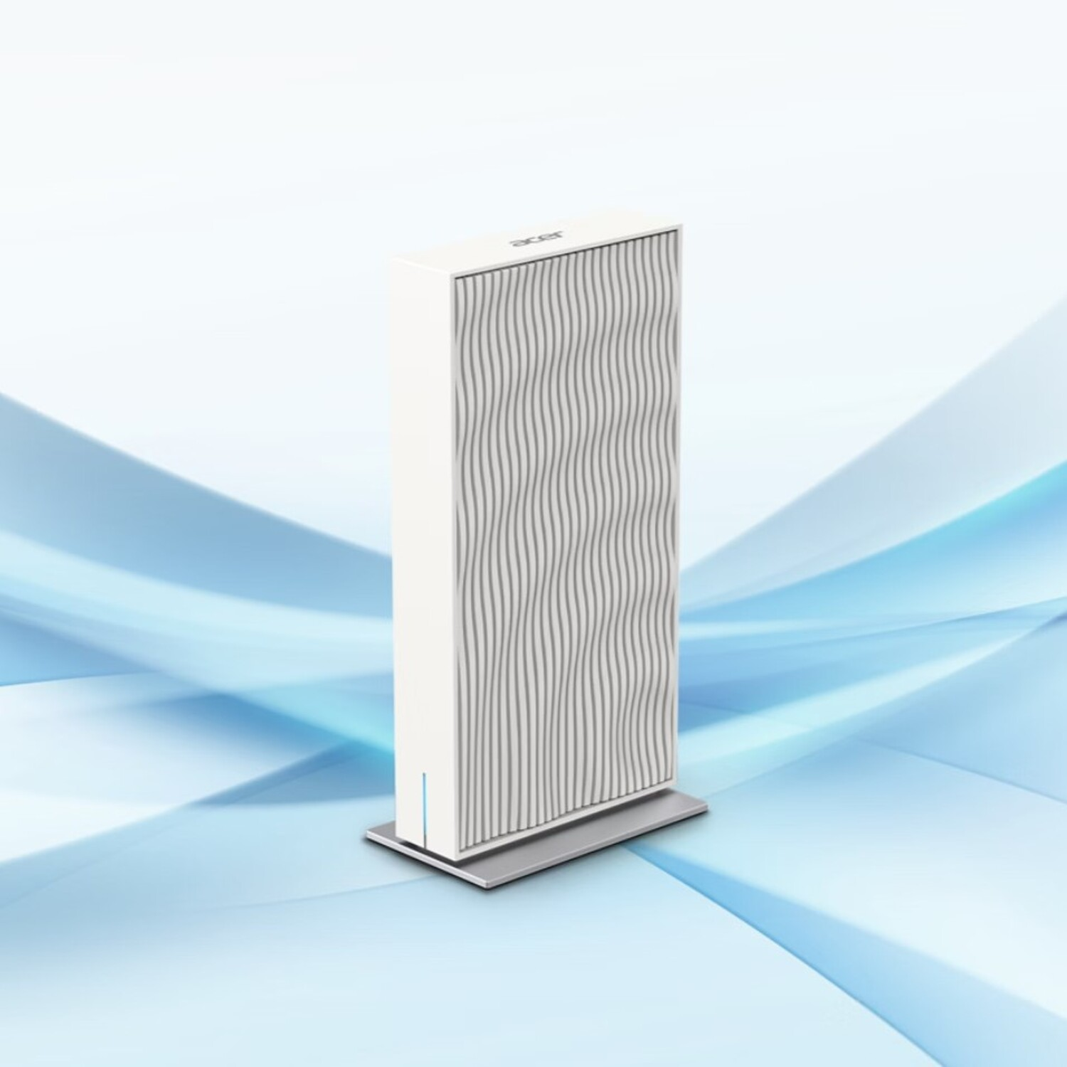 Purificateur d'air Acer blanc avec un design ondulé sur le devant, sur une base argentée.