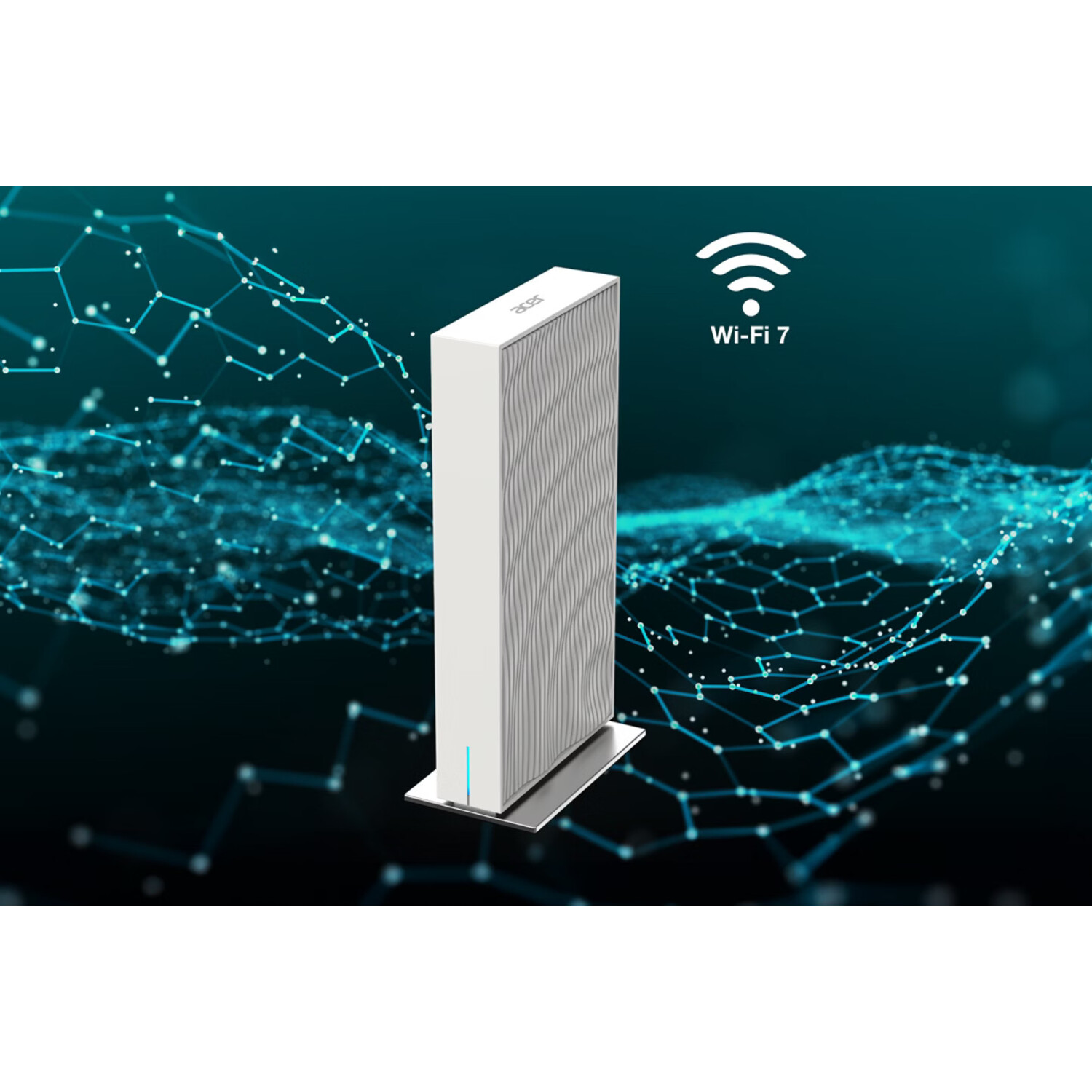 Routeur Acer Wi-Fi 7 blanc sur socle, avec fond bleu abstrait et symbole Wi-Fi.