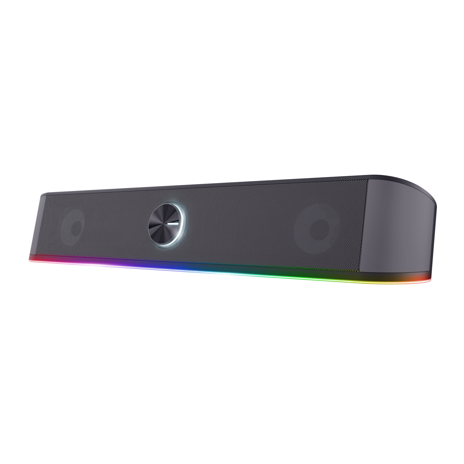 Gray soundbar with rainbow LED strip at the bottom, circular button, and mesh speaker.