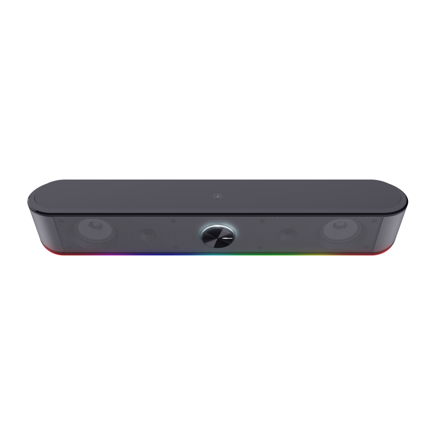 A black soundbar with a silver volume dial and colorful LED lights.