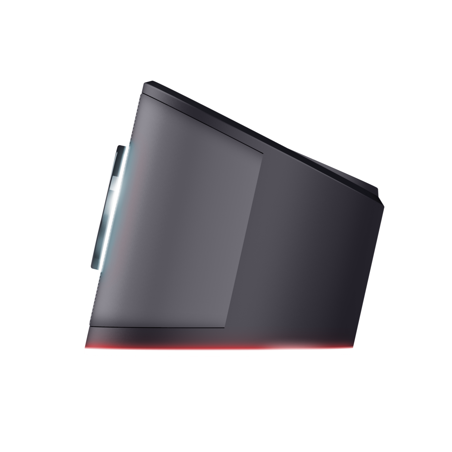 Angled view of a black device with a red base and a gray panel.