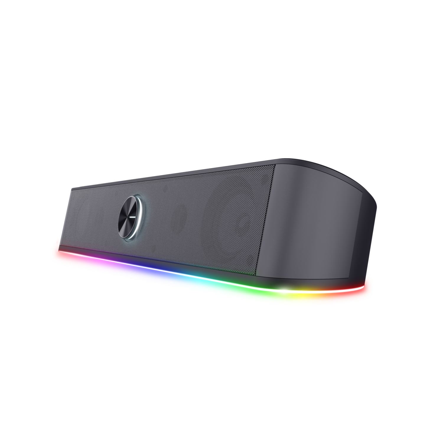 A rectangular, dark gray speaker with a glowing rainbow light at the bottom and a silver button.