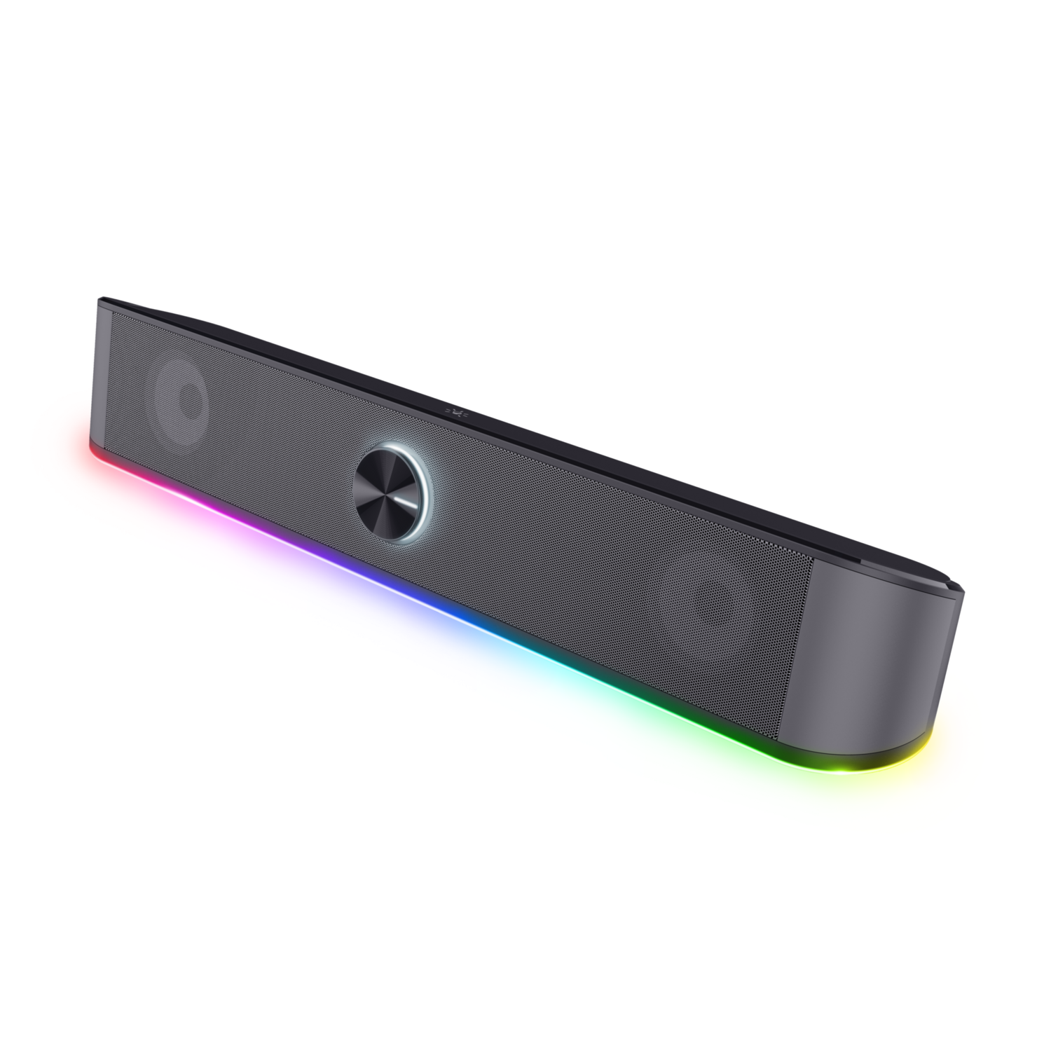 Black soundbar with RGB lights at the base.