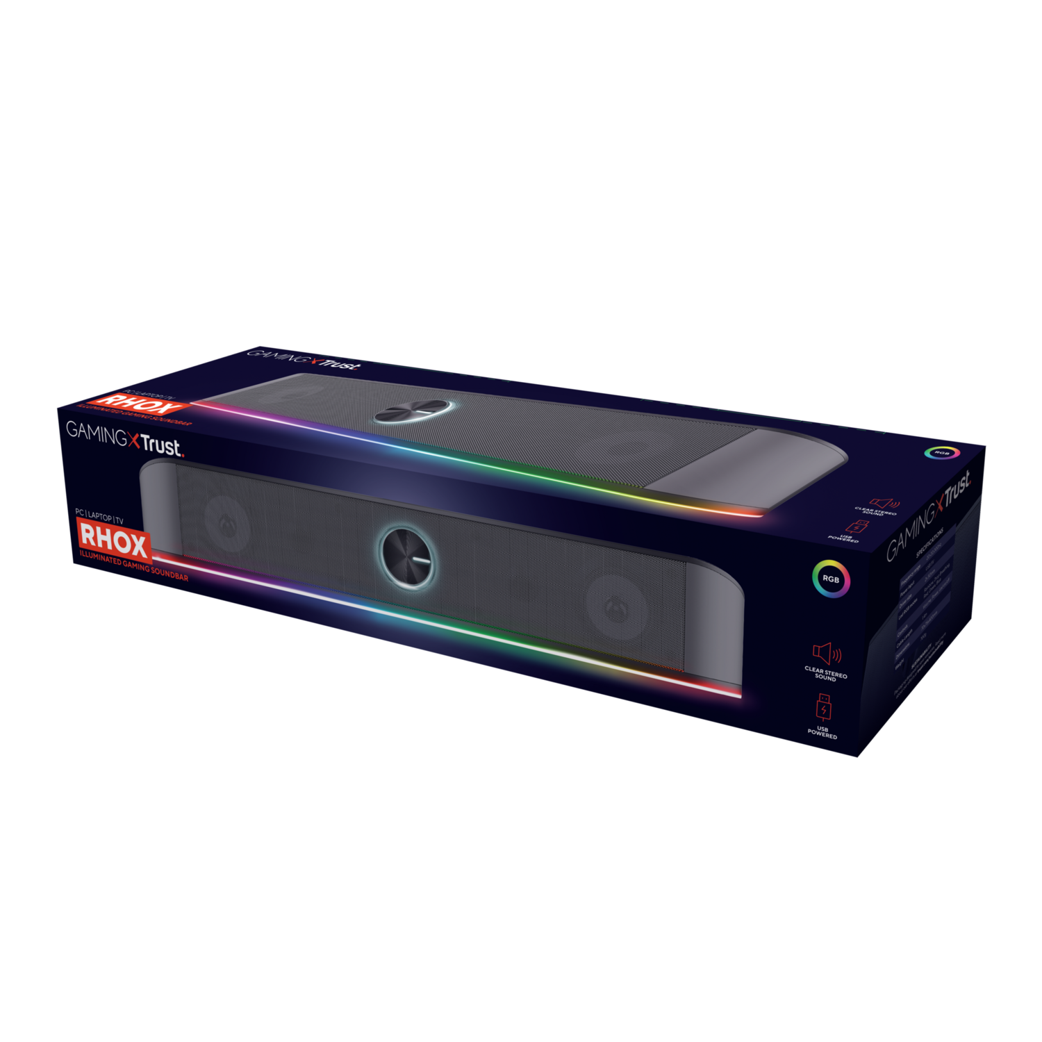 Black gaming soundbar with RGB lights, in a box with branding.