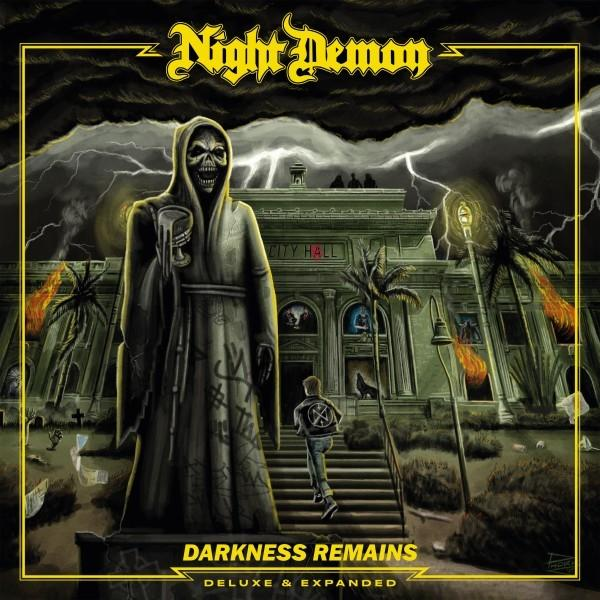 Albumcover. Ein Sensenmann hält einen Becher. Night Demon, Darkness Remains. Eine brennende Stadt mit Blitzen.