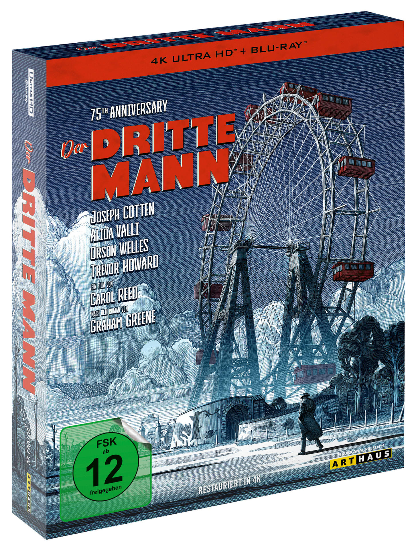 Ein Filmcase mit einem bunten Bild eines Riesenrads und eines Mannes, der geht.