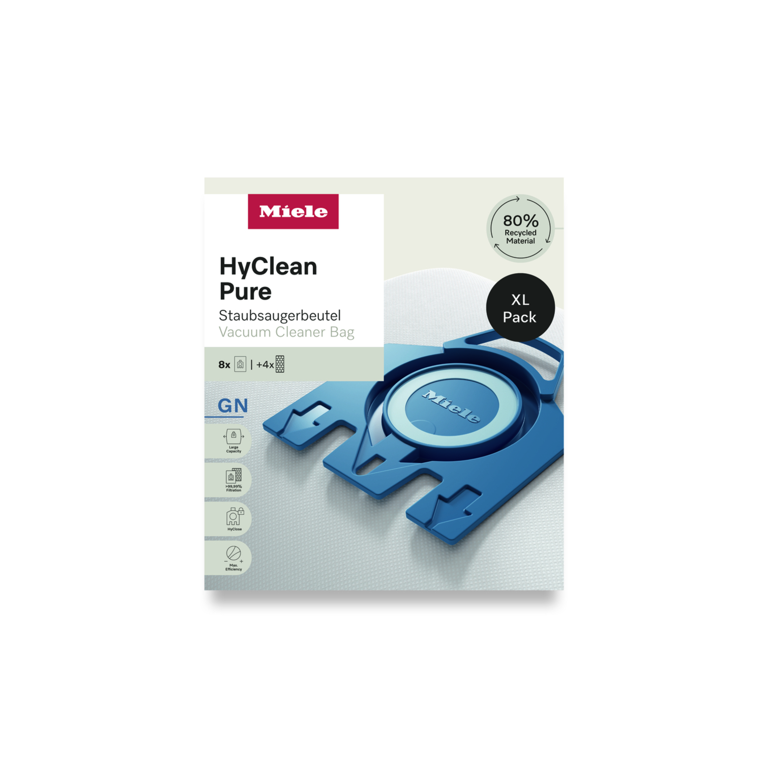 A vacuum cleaner bag, blue and white, with some icons and text on it.