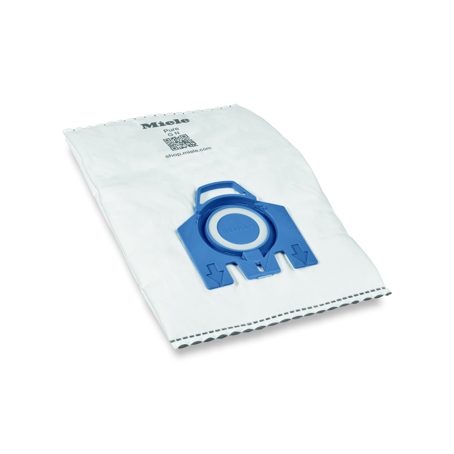 A white vacuum bag with a blue plastic attachment and a QR code on it.