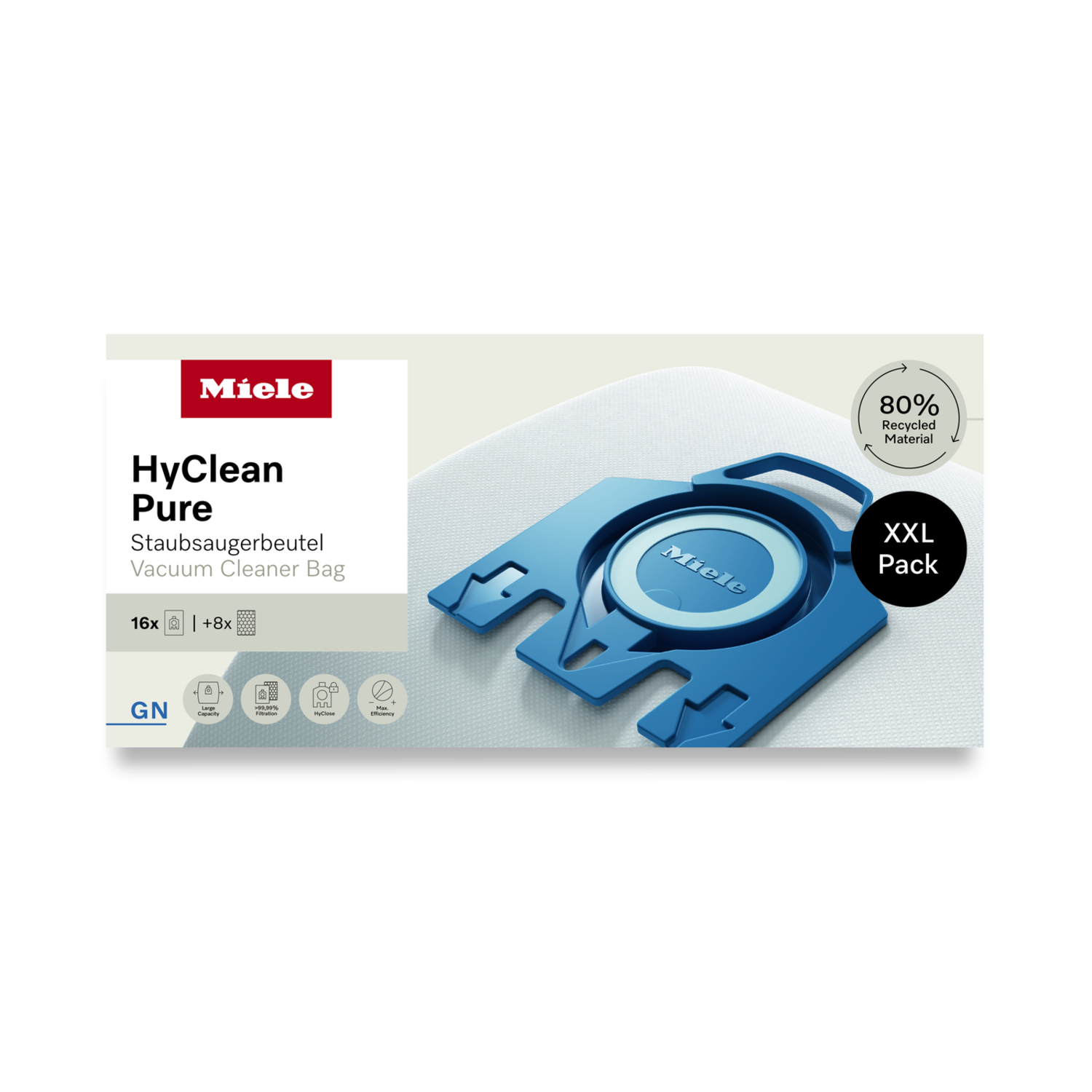 Blauwe Miele stofzuigerzak met tekst, witte achtergrond.