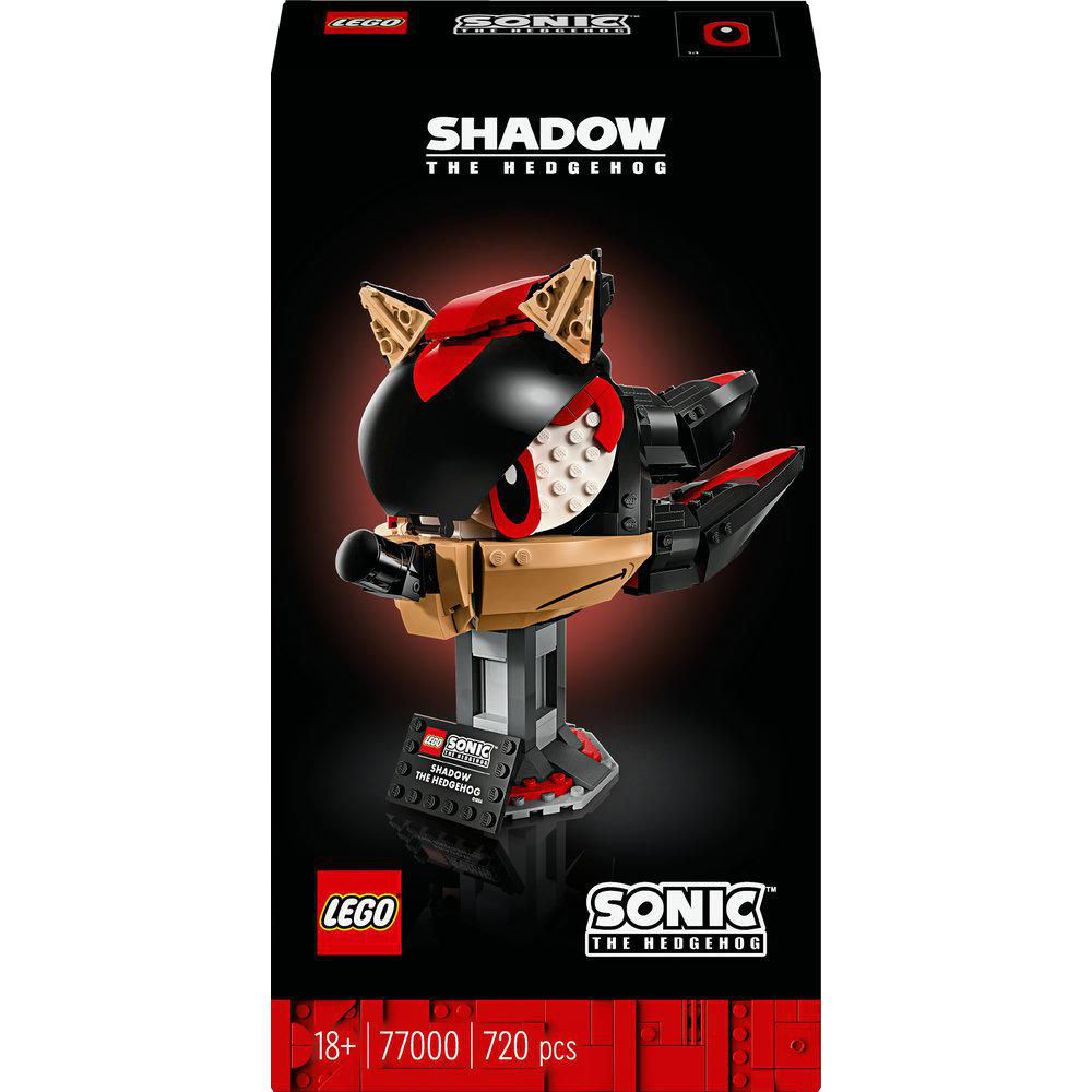 Lego Sonic Shadow the Hedgehog Figurbox, schwarzer Hintergrund.