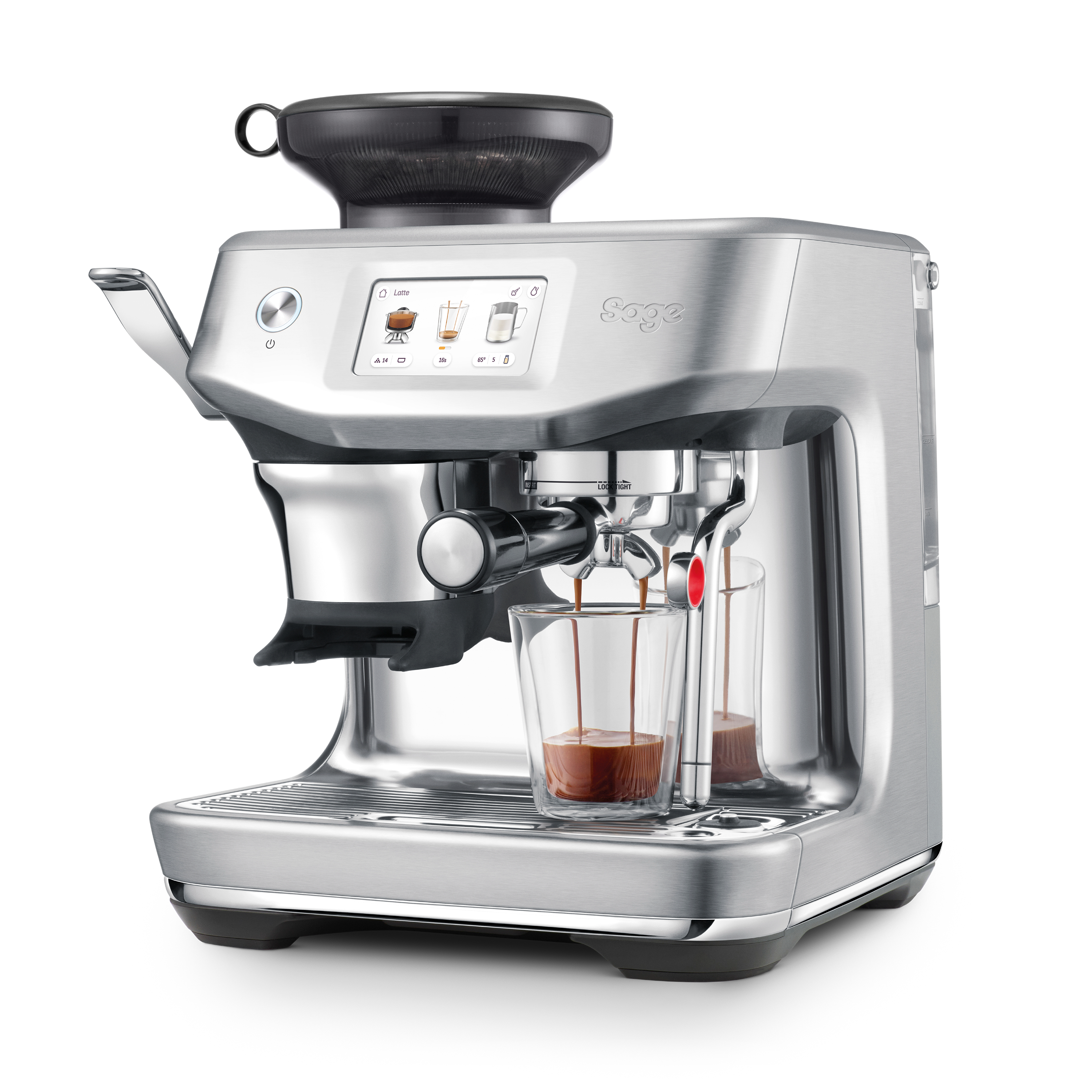 Silberne Espressomaschine. Kaffee fließt in Gläser. Touchscreen-Display.